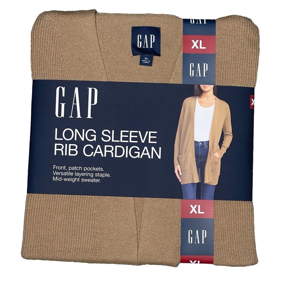 GAP Long Sleeve Rib Cardigan Womens XL Beige Front Patch Pockets Layering Light